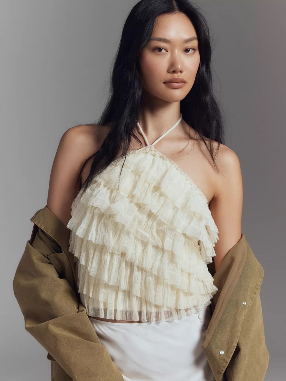 By Anthropologie Halter Ruffle Tank Top in Ivory nwt XXS